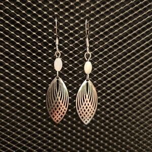 Stainless steel lattice marquise and mother-of-pearl dangle earrings